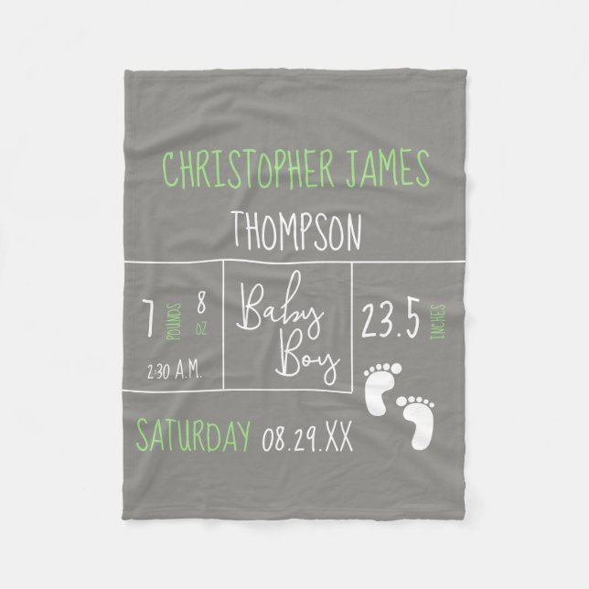 Green Grey Baby Boy Name birth date and stats Fleece Blanket (Front)