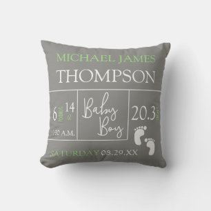 Green Grey Baby Boy photo Birth stat Announcement Cushion
