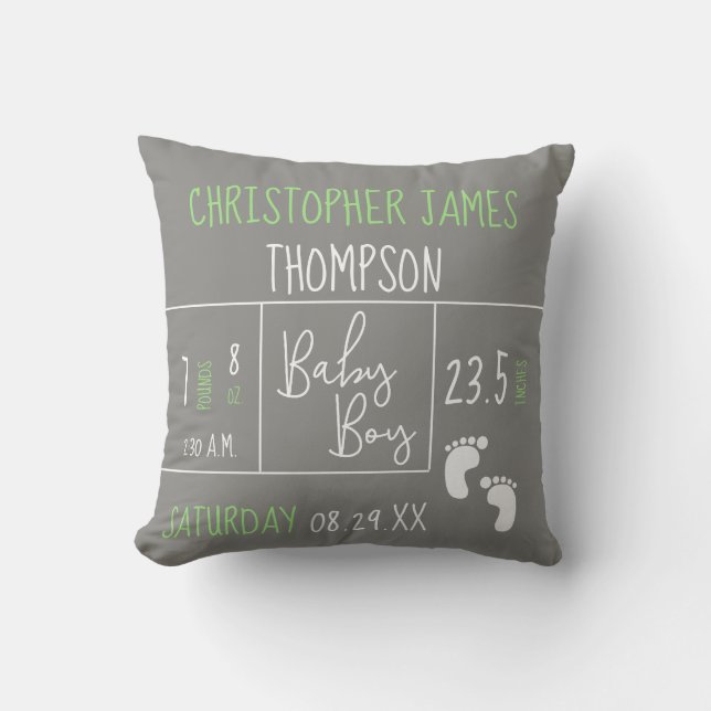 Green Grey Baby Boy photo Birth stat Announcement Cushion (Front)