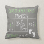 Green Grey Baby Boy photo Birth stat Announcement Cushion<br><div class="desc">Personalised with baby boy's photo on the back and the font is an elegant and modern mix of typography announcing baby's full name, birth date, weight, length, time of birth. "Baby boy" is done in a hand lettering script font in the middle. The colours can be interchanged if you need...</div>