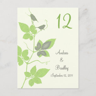 Green Grey Birds Vines Wedding Table Number Card