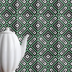 Green Grey Black White Op Art Geometric Striped Ceramic Tile