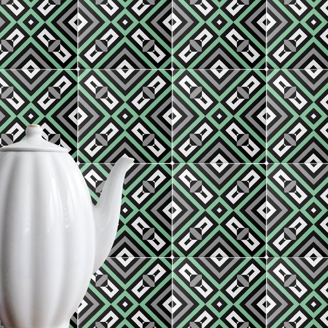 Green Grey Black White Op Art Geometric Striped Ceramic Tile (Creator Uploaded)