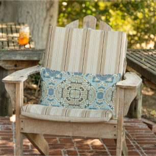 Green Grey Blue Teal Ochre Taupe Brown Tribal Art Lumbar Cushion