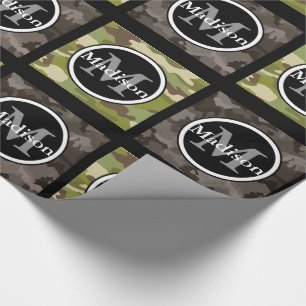 Green & Grey Camouflage w/Name & Monogram Wrapping Paper