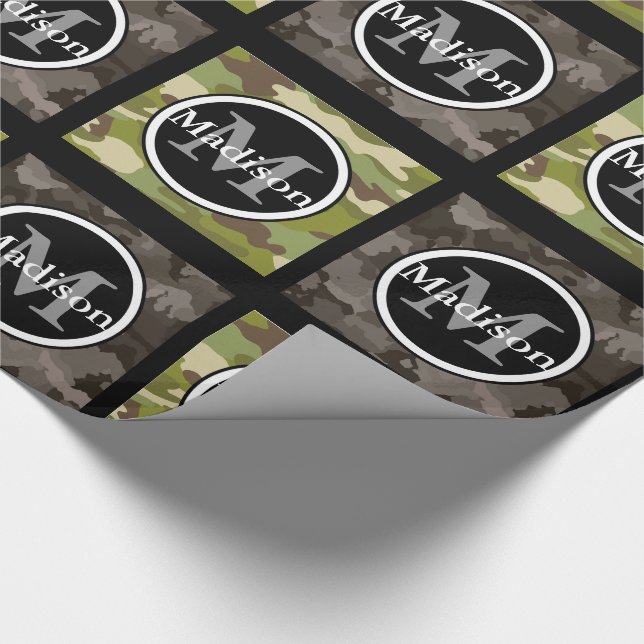 Green & Grey Camouflage w/Name & Monogram Wrapping Paper (Corner)