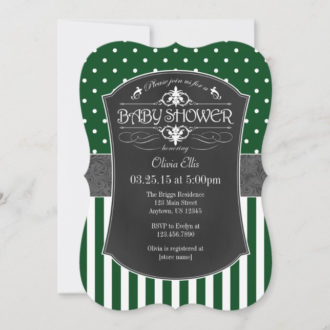 Green Grey Chalkboard Stripes Baby Shower Invite (Front)