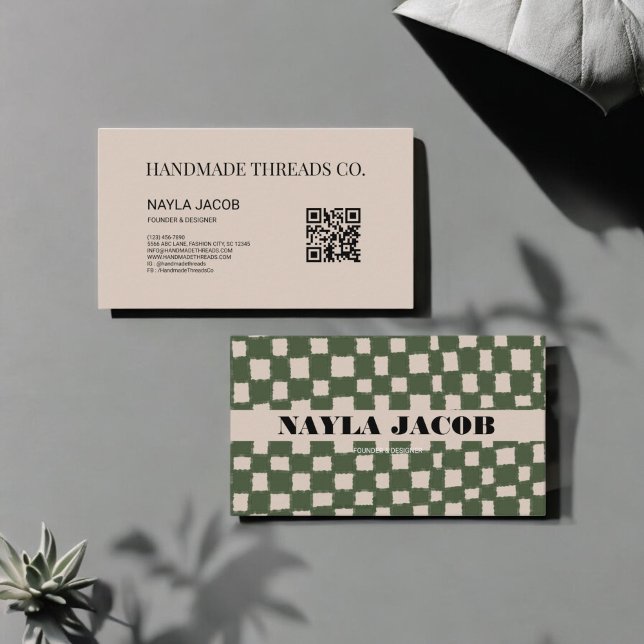 Green Grey Chequerboard Pattern QR Code Handmade Business Card (Creator Uploaded)