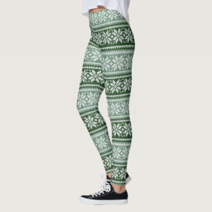 Green Grey Christmas Poinsettia Faux Knit Pattern Leggings