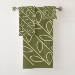 Green Grey Color Floral Leaf Pattern Bath Towel Set