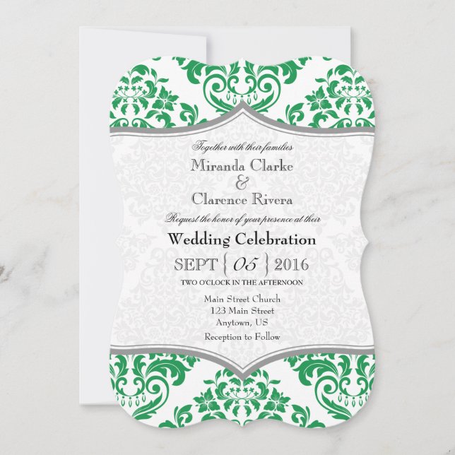 Green Grey Damask Bracket Wedding Invite (Front)