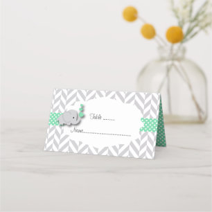 Green & Grey Elephant Baby Shower   Double-Sided Place Card