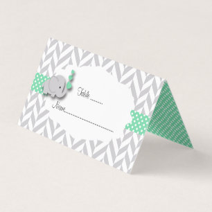 Green & Grey Elephant Baby Shower Place Cards