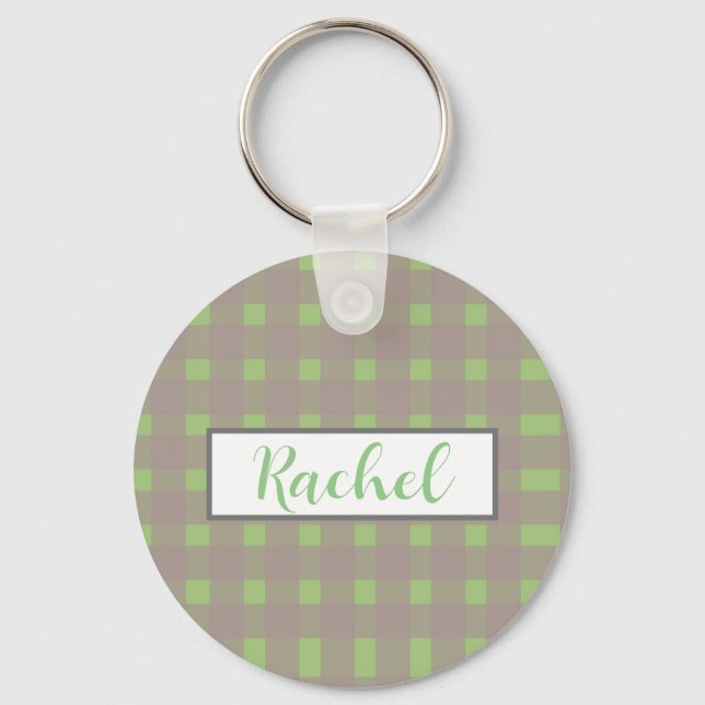 Green Grey Gingham Personalised Keychain (Front)