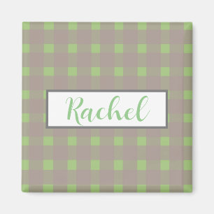 Green Grey Gingham Personalised Magnet