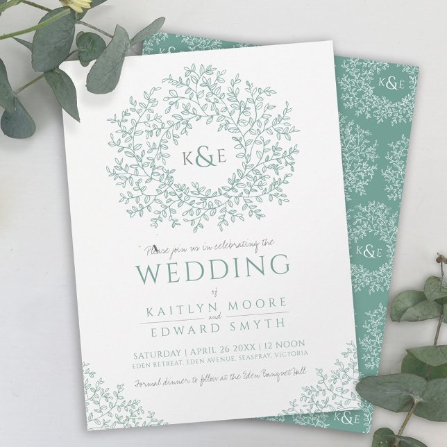 Green grey hand drawn leaf monogram art wedding invitation (Creator Uploaded)