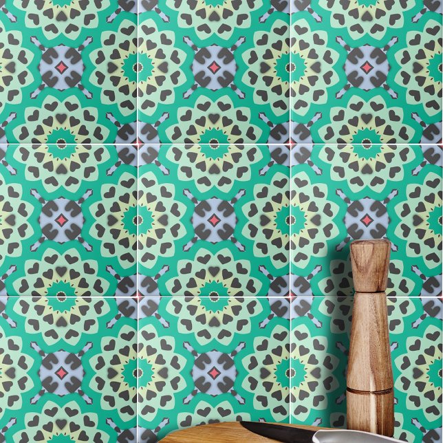 Green & Grey Hearts Ethnic Boho Geometric Pattern Ceramic Tile (Creator Uploaded)
