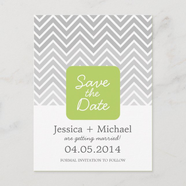 Green Grey Ombre Chevron Wedding Save The Date Announcement Postcard (Front)