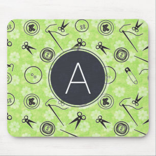 Green Grey Sewing Pattern with Monogram Mouse Pad
