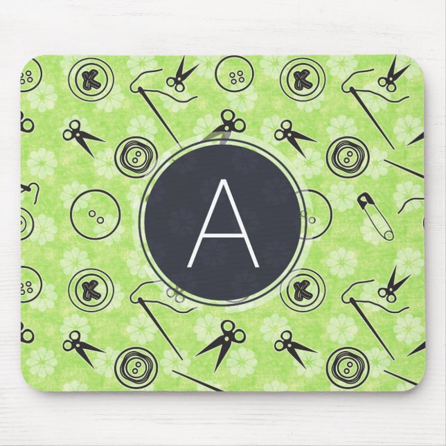 Green Grey Sewing Pattern with Monogram Mouse Pad (Front)