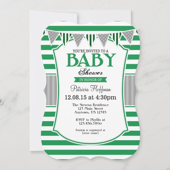 Green Grey Stripes Baby Shower Invitation (Front)