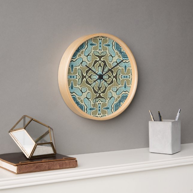 Green Grey Teal Blue Ochre Hip Bohemian Bali Art Clock (Office)