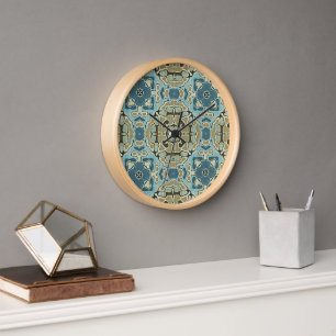 Green Grey Teal Blue Ochre Hip Bohemian Bali Art Clock