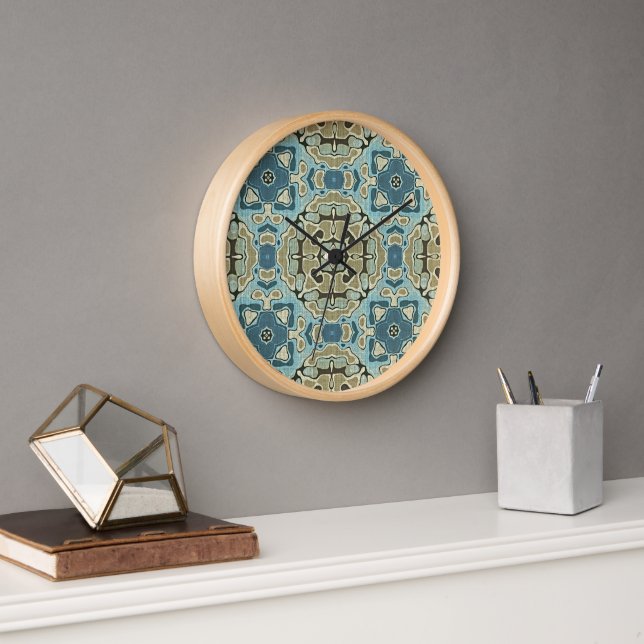 Green Grey Teal Blue Ochre Hip Bohemian Bali Art Clock (Office)