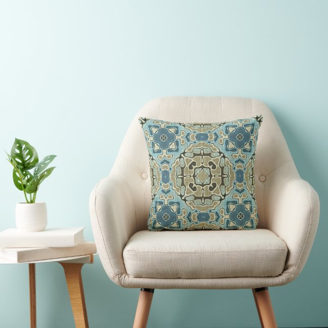 Green Grey Teal Blue Ochre Hip Bohemian Bali Art Cushion (Chair)