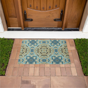 Green Grey Teal Blue Ochre Hip Bohemian Bali Art Doormat