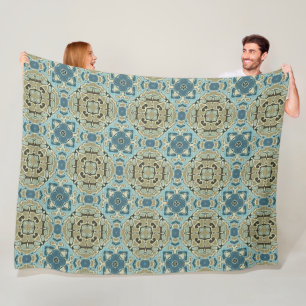 Green Grey Teal Blue Ochre Hip Bohemian Bali Art Fleece Blanket