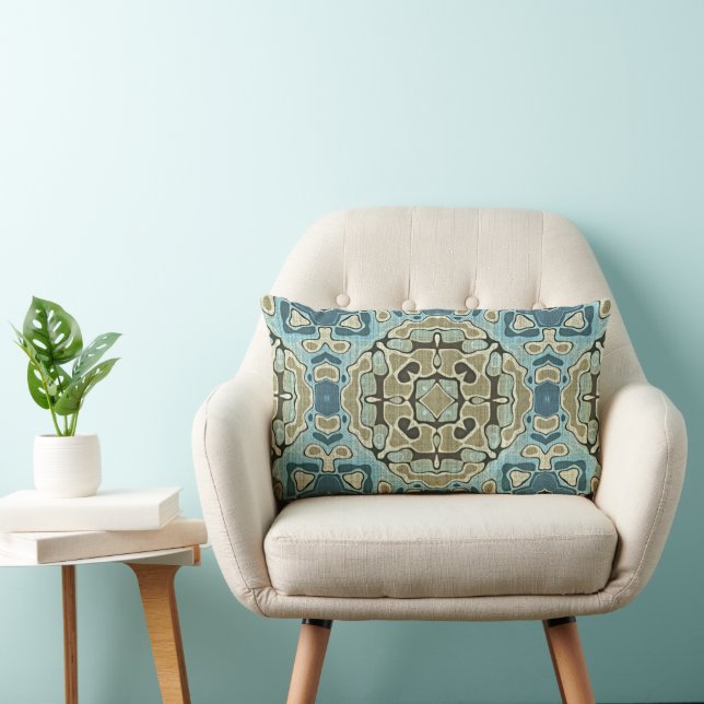 Green Grey Teal Blue Ochre Hip Bohemian Bali Art Lumbar Cushion (Chair)