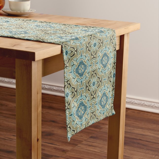 Green Grey Teal Blue Ochre Hip Bohemian Bali Art Medium Table Runner (In Situ)