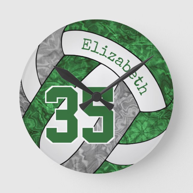 green grey team colours girls' volleyball room round clock (Front)