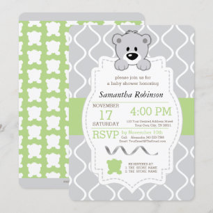 Green & Grey Teddy Bear Baby Shower Invitation