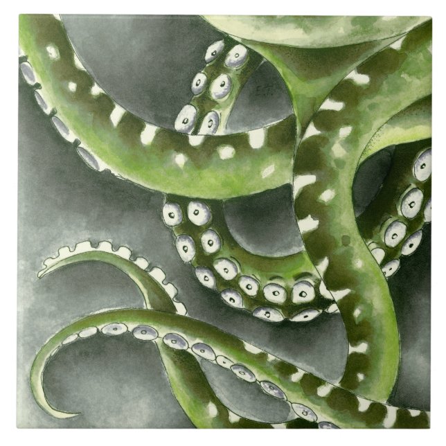 Green Grey Tentacles Ceramic Tile (Front)