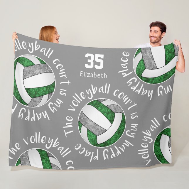 Green grey volleyball court happy place typography fleece blanket (In Situ)