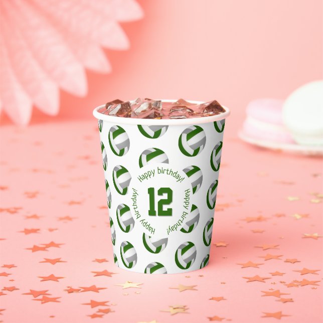Green grey volleyballs birthday party paper cups (Insitu)