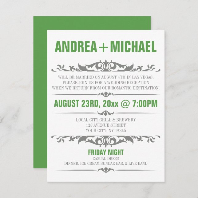 Green & Grey Wedding Reception ONLY Invitations (Front/Back)