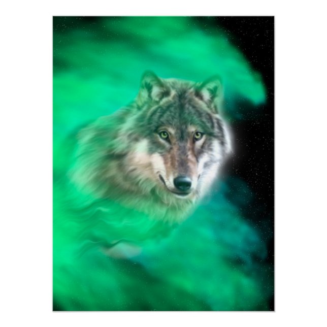 Green Grey Wolf Spirit Animal Glossy Poster (Front)