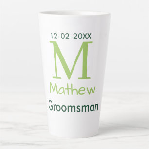 green groomsman name letter date masculine pastel latte mug