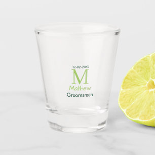 green groomsman name letter date masculine pastel shot glass