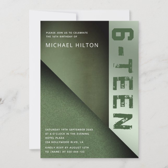 Green grudge colour block boy sweet sixteen invitation (Front)