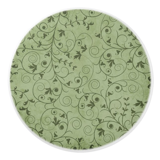 Green Grungy Floral Ceramic Knob (Front)