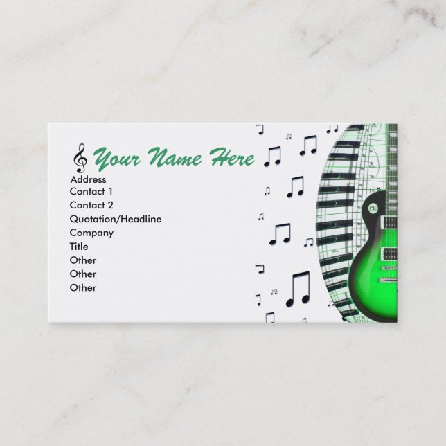 Green Guitar Piano Keyboard & Notes Business Card (Front)
