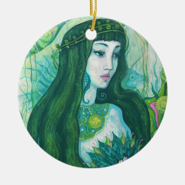 Green Hair Mermaid Underwater Fantasy Surreal Art Ceramic Tree Decoration (Front)