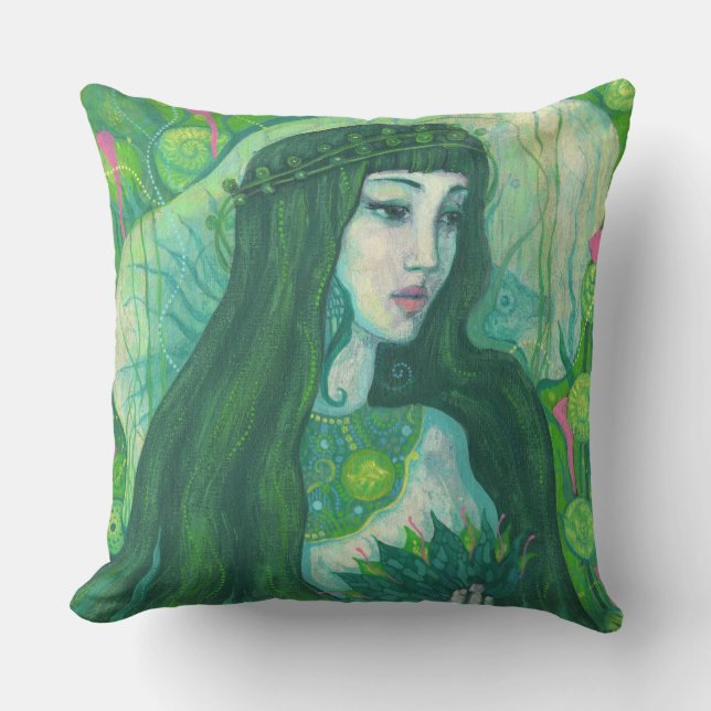 Green Hair Mermaid Underwater Fantasy Surreal Art Cushion (Front)