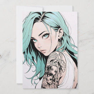 Green Hair Tattoo Anime Girl Invitation