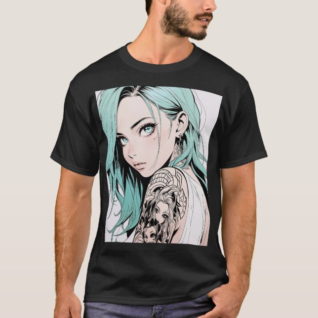 Green Hair Tattoo Anime Girl T-Shirt (Front)