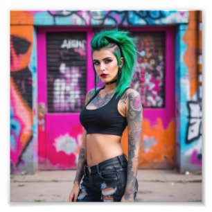 Green Hair Tattoo Punk Babe in Graffiti Street Photo Print